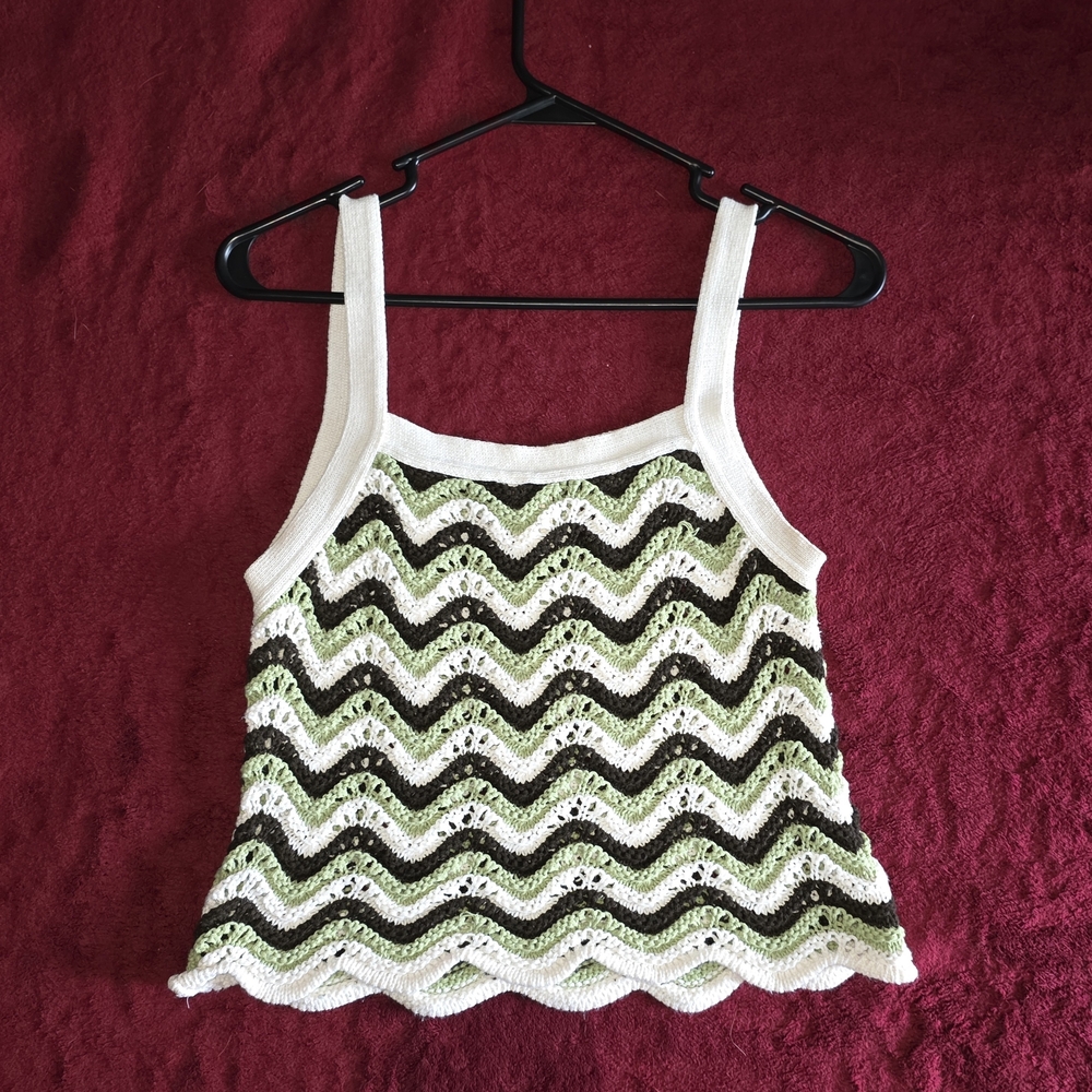 Green and White Crochet Cropped Tank Top